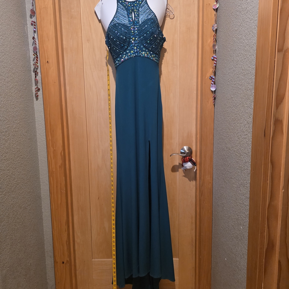 Madison James Teal Beaded Prom Dress